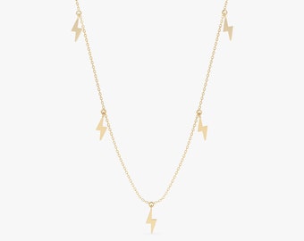14k Solid Gold Lightning Bolt Necklace, 14K Mini Dangly Lightning Bolts, Multi Charm Necklace, Choker Necklace, Layering Necklace, Briella