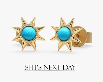 14k Gold Turquoise Earrings, Solid Gold, Sun Design Studs, Small Turquoise Earrings, Genuine Turquoise, Gemstone Studs, Minimalist, Winona