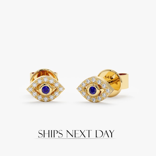 14k Solid Gold Mini Evil Eye Earrings, Diamond Lucky Eye Studs, Diamond Evil Eye Earrings, Small Diamond Earrings, Best Gift, Serena