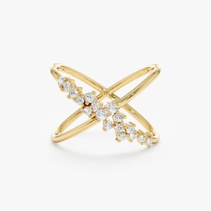 14k Cluster Diamond X Ring, Unique Statement ring, Genuine Handmade Fine Jewelry, Dainty Chic Ring, Solid Gold Wedding Jewelry, Arlette