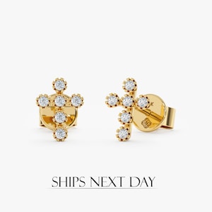 14k Gold Diamond Cross Earrings, Small Cross Studs, Dainty Diamond Earrings, Religious Gift, Solid Gold Studs, Tiny Cross Earrings, Thea