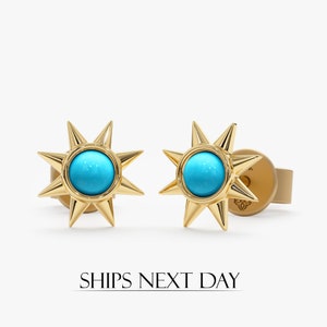 14k Gold Turquoise Earrings, Solid Gold, Sun Design Studs, Small Turquoise Earrings, Genuine Turquoise, Gemstone Studs, Minimalist, Winona