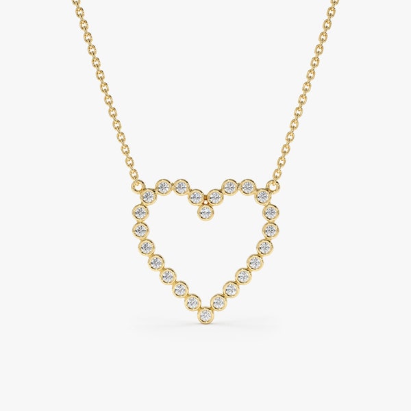 Diamond Necklace, 14k Solid Gold Heart Pendant Necklace, Bezel Set Natural Diamonds, Handmade Fine Jewelry, Gift For Mom, 14k or 18k, Ildi