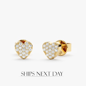 14k Diamond Heart Earrings, Solid Gold Small Stud Earrings, Rose Gold Diamond Earrings, White Gold Studs, Diamond Pave, Best Gift, Taylor