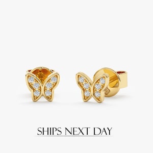 14k Cute Diamond Butterfly Earrings, Small Butterfly Studs, Cute Stud Earrings, Tragus Stud, Cartilage Earrings, Gift for Daughter, Phoebe