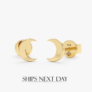 14K Gold Moon Studs, Gold Crescent Earrings, Small Moon Earrings, White, Yellow, Rose, Mini Crescent Stud, Buy Pair or Single Stud, Luna