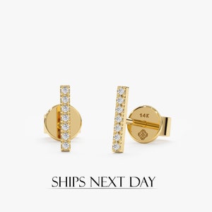 14k Solid Gold Mini Diamond Bar Stud Earrings, Small Diamond Studs, Minimalist Gold Earrings, Dainty Solid Gold Diamond Earrings, Priscilla