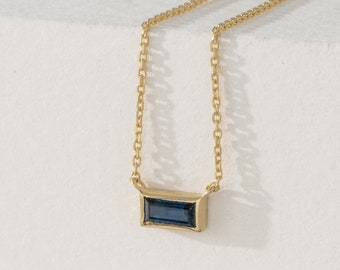 14k Solid Gold Sapphire Necklace, Baguette Necklace, Small Sapphire Necklace, Blue Sapphire, 14k Rose, White, Yellow Gold, Teresa