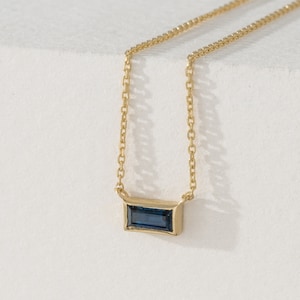14k Solid Gold Sapphire Necklace, Baguette Necklace, Small Sapphire Necklace, Blue Sapphire, 14k Rose, White, Yellow Gold, Teresa