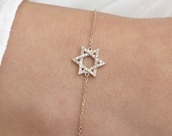 14k Gold Star of David Bracelet, Diamond Bracelet, Dainty Gold Bracelet, Bat Mitzvah Gift, 14k Solid Gold, Religious Gift, Judaica, Esther