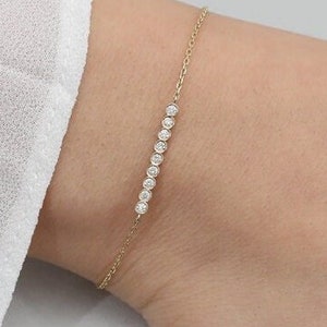 14k Solid Gold Bezel Diamond Bar Bracelet, Dainty Gold Diamond Bracelet, Natural White Diamonds, 14k Rose, White, Yellow Solid Gold, Petra