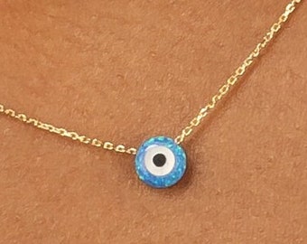 Solid Gold Chain Evil Eye Necklace, 14k Gold Necklace, Dainty Necklace, Evil Eye Charm, Layering Necklace, Collar Necklace, Ophelia