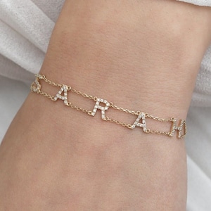 14k Gold Diamond Name Bracelet, Solid Gold Name Bracelet, Dainty Name Bracelet, Diamond Initial Bracelet, Custom Diamond Bracelet, Shonda