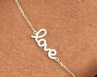 14k Diamond Bracelet, LOVE Bracelet, Cursive Letters, Unique Diamond Bracelet, Pave Diamond Bracelet, Dainty Gold Chain, Gift For Valentine
