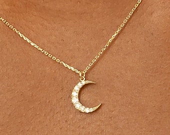 14k Diamond Crescent Necklace, Small Diamond Moon Necklace, White, Yellow, Rose, Solid Gold Celestial Necklace, Perfect Gift, Francesca