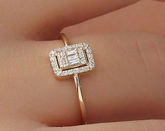 14k Solid Gold Genuine Diamonds Ring, Diamond Engagement Ring, Art Deco Setting, Dainty Wedding Ring, Promise Ring, Gift for Wife, Sarafina