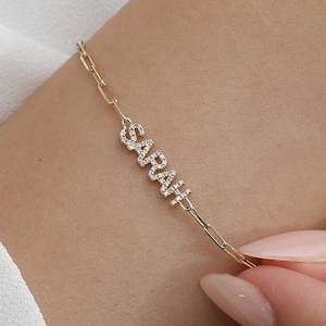 Diamond Name Bracelet, 14k Gold Bracelet, Diamond Initial Bracelet, Paperclip Chain, 14k Solid Rose, Yellow, White Gold, Shonda