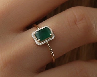 14k Solid Gold Emerald Ring, Solid Gold Diamond Ring, Engagement Ring, Halo Rectangular Setting, Large Emerald Ring, Dainty Band, Juliet