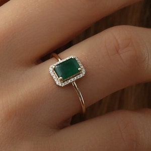 14k Solid Gold Emerald Ring, Solid Gold Diamond Ring, Engagement Ring, Halo Rectangular Setting, Large Emerald Ring, Dainty Band, Juliet