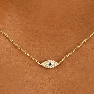 Solid Gold Tiny Evil Eye Necklace, Diamond Evil Eye, 14K White, Yellow, Rose Gold, Sapphire Setting, Evil Eye Charm, Dainty, Missandei