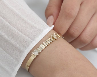 14k Gold and Diamond Sliding Charm Bangle, 4.5 mm wide, Personalized Gift, Custom Name Bracelet, Gold Name Bracelet, Letter Bracelet, Sally