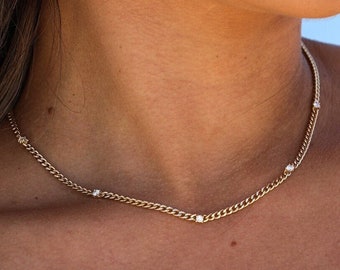 14k Gold Diamond Cuban Chain Necklace, Sectioned 5 Diamonds, Curb Chain Necklace, Multi Diamond Necklace, White Natural Diamonds , Salma