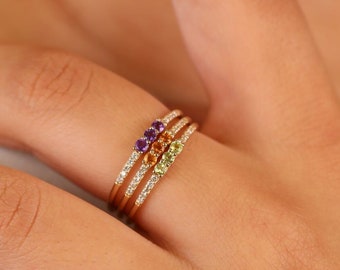 14k Solid Gold Diamond and Gemstone Ring, Dainty Stacking Ring, Birthstone Ring, Peridot, Amethyst, Citrine, 14k White, Rose, Yellow, Jamie