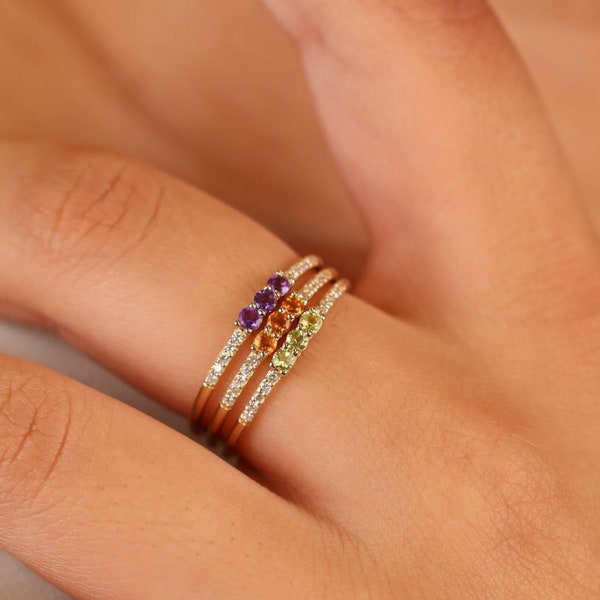 14k Solid Gold Diamond and Gemstone Ring, Dainty Stacking Ring, Birthstone Ring, Peridot, Amethyst, Citrine, 14k White, Rose, Yellow, Jamie