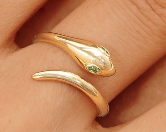 14k Solid Gold Snake Ring, Diamond Snake Ring, Pinky Ring, Open Cuff Ring, Trendy Gold Ring, Rose, White, Yellow, Gold Signet Ring, Eden