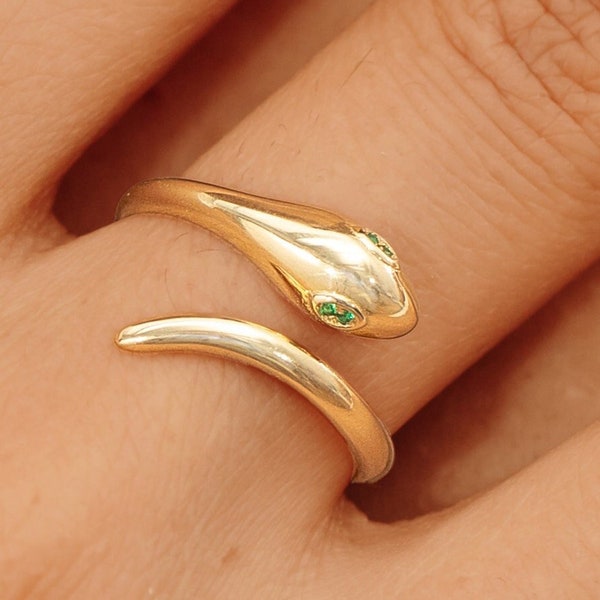 14k Solid Gold Snake Ring, Diamond Snake Ring, Pinky Ring, Open Cuff Ring, Trendy Gold Ring, Rose, White, Yellow, Gold Signet Ring, Eden