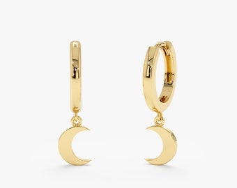 14k Solid Gold Moon Huggies, Dangly Plain Crescent Earrings, Earring Charms, Sold as a Pair, 18k Handmade Jewelry, Celestial Jewelry, Luna