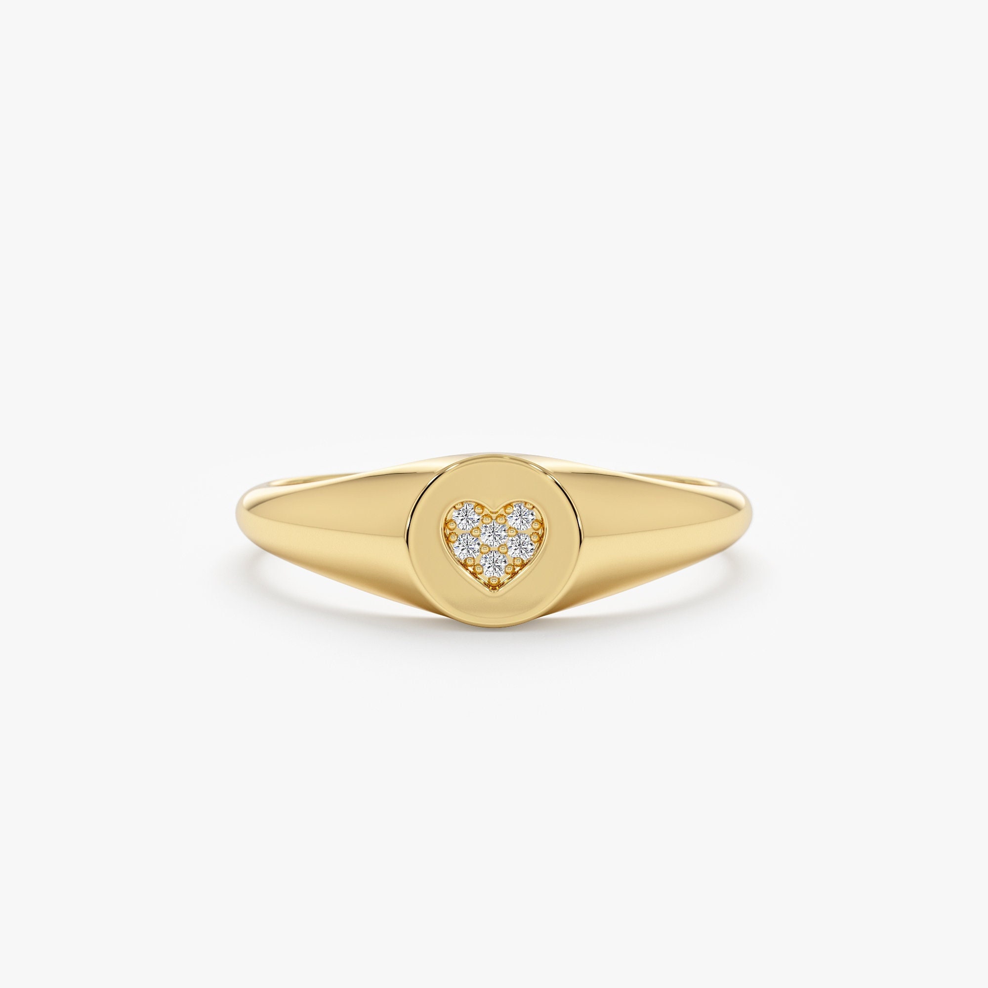 14k Small Diamond Heart Signet Ring, Dainty Pinky Ring, Minimalist