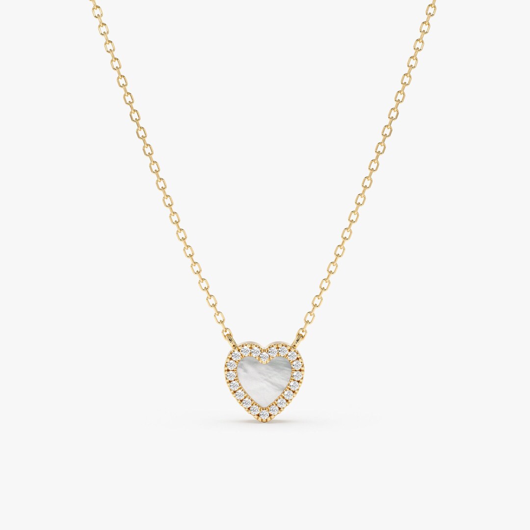 Mother of Pearl Heart Necklace, Diamond Heart Necklace