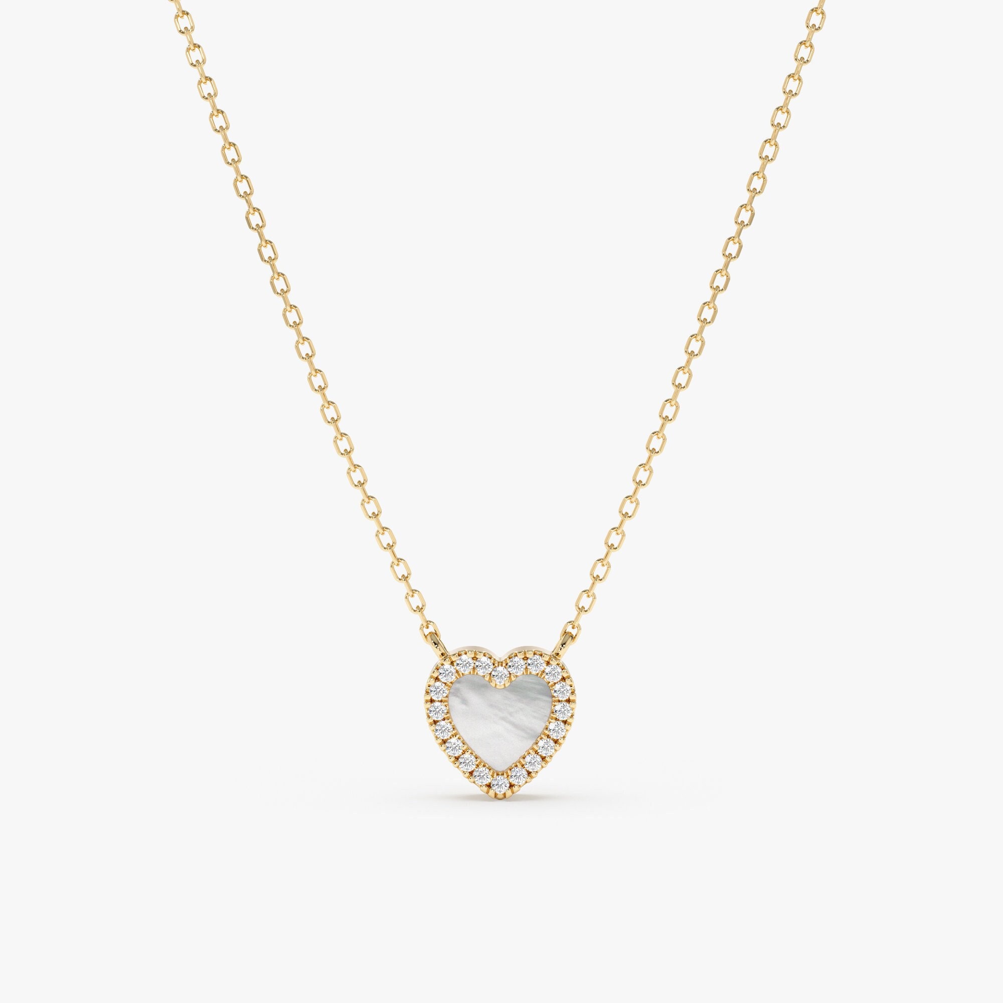 ★PEARLY MORE★ Small Heart Daily Surgical Necklace Mother of Pearl Heart Necklace, Diamond Heart Necklace