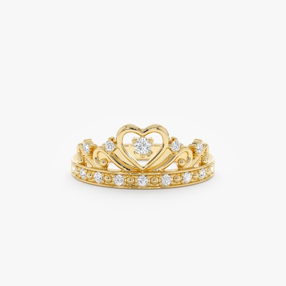 Natural Diamond Crown Ring, Solid Gold Crown Ring, 10k 14k 18k