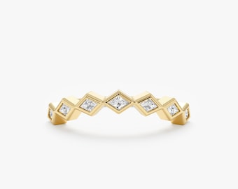 Handmade Lozenge Diamond Solid Gold Curved Band, Engagement Ring Stack, Bennet