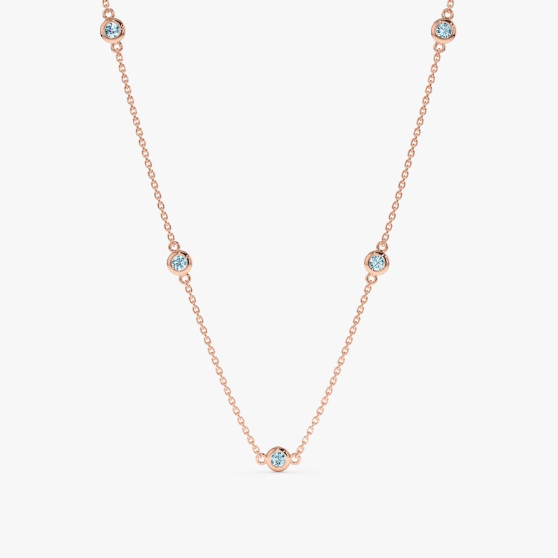 natural aquamarine station necklace in rose gold