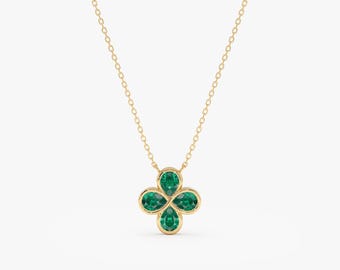 Solid Gold Clover Necklace, Lab Grown Emerald Necklace, Handmade Jewelry, Brandi