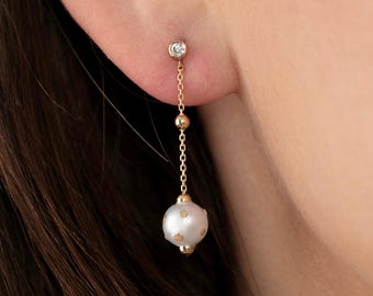 Pearl Earrings, Akoya Pearl Diamond Dangle Earrings, 14k Natural Pearl Studs, Pearl Jewelry, Solid Gold Studs, Sold as a pair, Panni