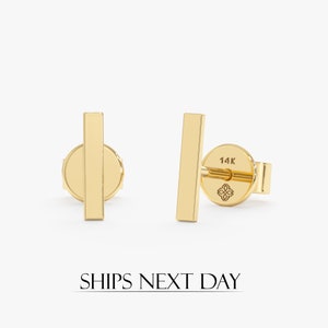 Solid Gold Bar Small Studs, Plain Bar Earrings, 14k Gold, Simple and Dainty, Perfect for Stacking, White, 14k Rose Yellow Gold, Chelsea
