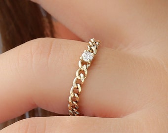 14k Gold Cuban Chain Ring with Diamond Prong Setting, Solid Gold Diamond Cuban Ring, Signet Ring, 14k Rose, White, Yellow, Pinky Ring, Salma
