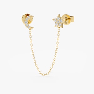 14k Gold Diamond Moon and Star Earrings, Solid Gold Studs, Crescent, Dangling Chain Earrings, Celestial Earrings, Gift for Friend, Astrid