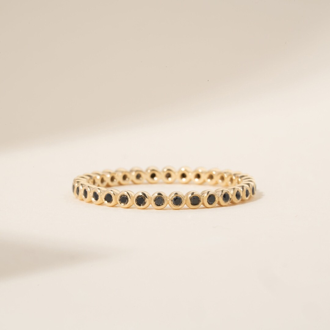 14k Gold Black Diamond Eternity Band, Dainty Black Diamond Ring, 18k