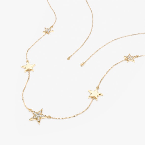 14k Multi Diamond Star Necklace, Solid Gold Star Station Necklace