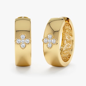 Diamond Clover Huggie, 14k Thick Gold Hoop, Fine Solid Gold, Fancy Gold Jewelry, Diamond Flower Large Huggies, Handmade 18k Earrings, Kaylee