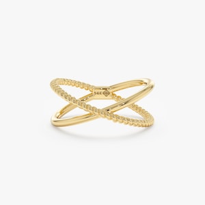 14k Solid Gold X Ring, Minimalist and Dainty Criss Cross Ring, Twisted Rope and Simple Band Design, Unique, Trendy and Fashion, Galaxia