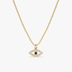 14k Diamond Mini Evil Eye Necklace, Diamond and Sapphire, Solid Gold Necklace, Dainty Diamond Necklace, Evil Eye Charm, Protection, Zoey