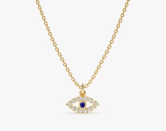 14k Diamond Mini Evil Eye Necklace, Diamond and Sapphire, Solid Gold Necklace, Dainty Diamond Necklace, Evil Eye Charm, Protection, Zoey