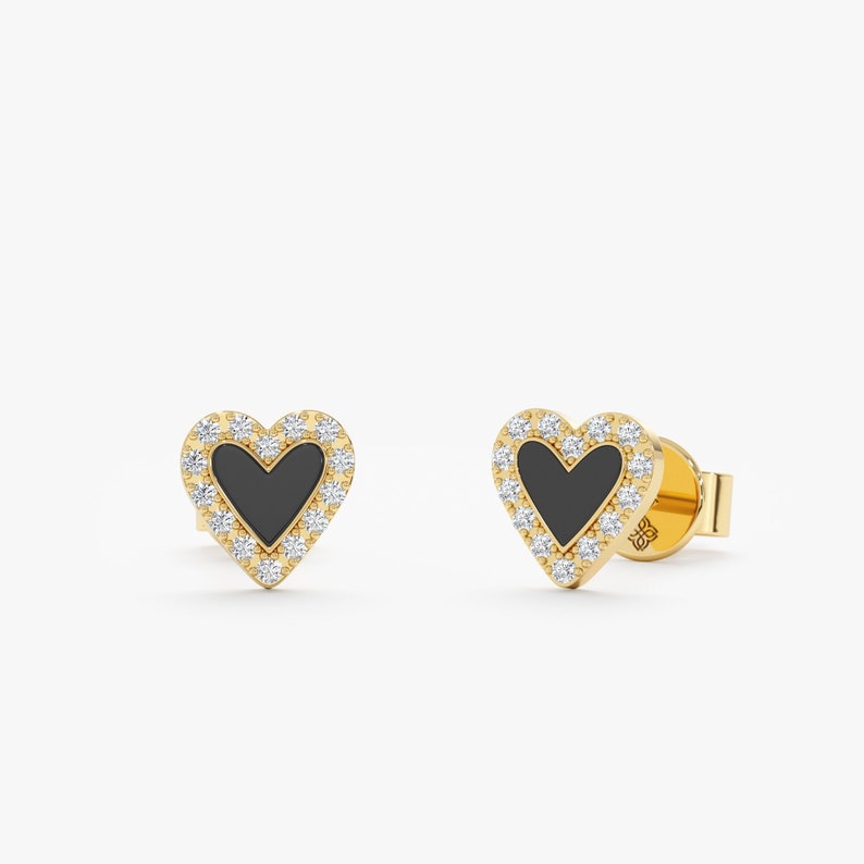 black enamel heart diamond studs