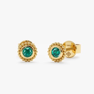 14k Emerald Stud Earrings. Beaded Bezel Setting, Unique Emerald Jewelry, Dainty small Emerald Earrings, Yellow, Rose, White Gold, Handmade,